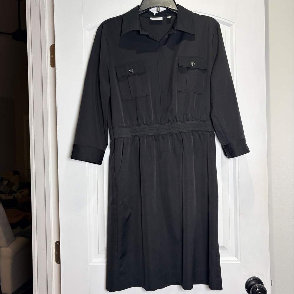 New York & Company Shirt Dress Womens L Black Stretch Utility Pockets 3/4 Sleeve